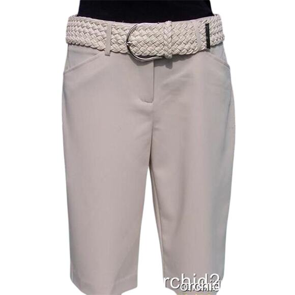 Cache Lillie Beige Walking Bermuda Dress Short Pant New WOVEN BELT $118 NWT